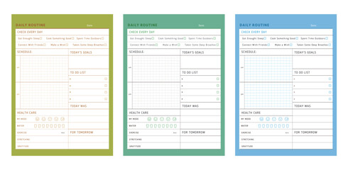 set of 3 Daily Routine planner. (Spring) Minimalist planner template set. Vector illustration.	