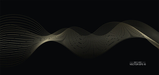 Abstract vector wavy lines flowing smooth curve gold gradient color on black background in concept of luxury, technology, science, music, modern.