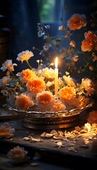 Burning candle in a brass candlestick with flowers on the background of the window