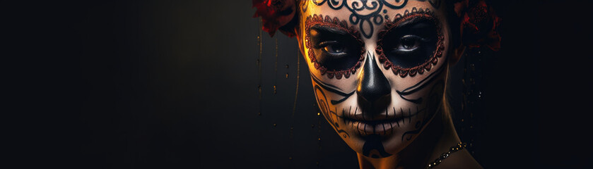 Ethereal Beauty: Woman with Sugar Skull Makeup in Cinematic Light
