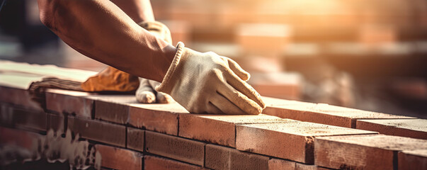 bricklayer detail on his hands. construction worker doing bricks.