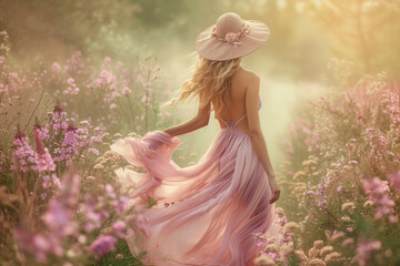 a beautiful woman in pink dress walking in a flower garden