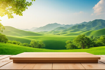 Plain wooden podium for product with green landscape background - Product showing - obrazy, fototapety, plakaty