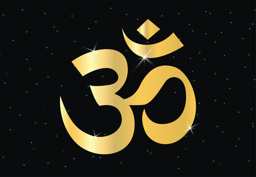 Beautiful hinduism or hindu symbol, Om or ohm or rum, in gold color shades for wall of Temples, Houses and for interior works etc. vector shiny, with black stars sky background