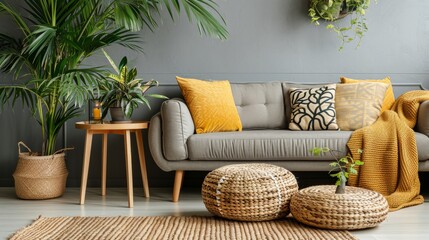 Comfortable sofa with pillows, houseplants, table and wicker pouf near the large wall