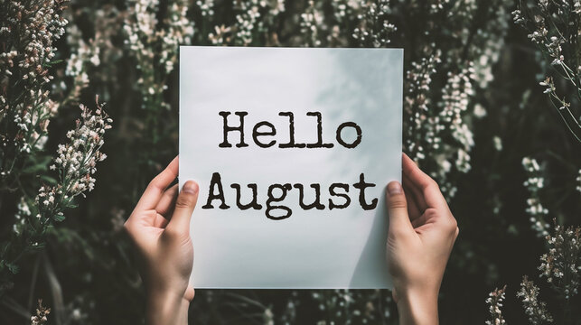 Female hands holding Hello August card with flowers background. Vintage tone.