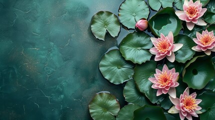 Top view of a group of pink lilies in a rough green surface with a big copy space, Generative AI. - obrazy, fototapety, plakaty