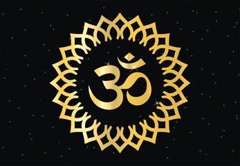 Beautiful Glowing Om or ohm or rum, with mandala in gold color shades for wall of Temples, Houses and for interior works etc.
