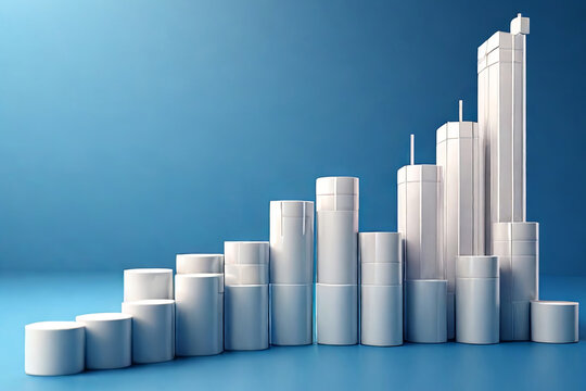 Elevate success visuals. White rising bar chart on blue backdrop signifies business growth, economic prosperity, and investment success. 3D illustration with copy space.
