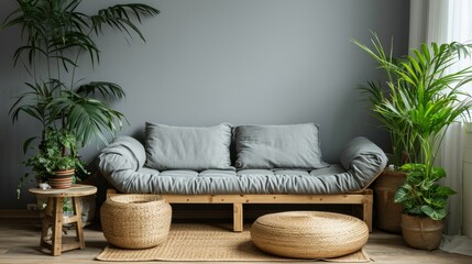 Comfortable sofa with pillows, houseplants, table and wicker pouf near the large wall