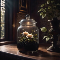 A high quality digital artwork of a jar filled with black roses