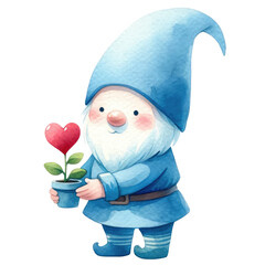 illustration of a cute gnome with a blue dress in valentine's day.