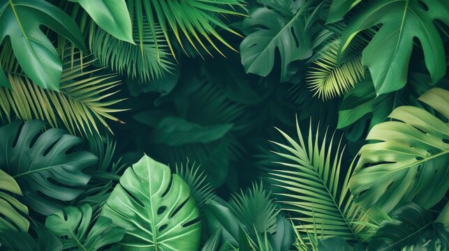 Tropical palm leaves exotic jungle background. Summer Flowers with empty space for text.