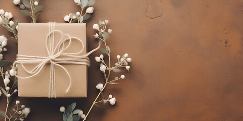 Paper wrapped wedding gift box with baby's breath flowers AI Generative

