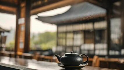ceramics teapot on the table outside in front of blurred traditional Chinese tea house