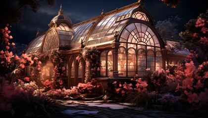 Greenhouse and cherry blossoms at night. Panoramic image. - obrazy, fototapety, plakaty