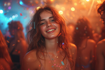 Joyful young woman smiling amidst a vibrant night party scene with confetti and balloons.