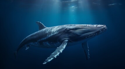 Close-up of a majestic blue whale in the deep ocean, showing its eye and baleen plates