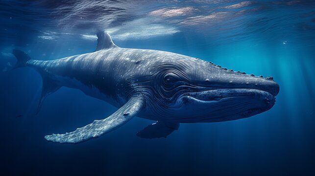 Close-up of a majestic blue whale in the deep ocean, showing its eye and baleen plates