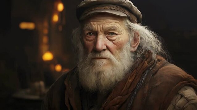 portrait of a old wise man wıth white hair and beard and blurry background