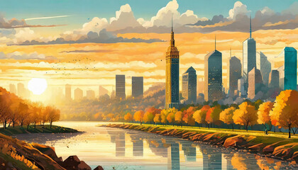 City sky land at the sunset river side flat art illustration - obrazy, fototapety, plakaty