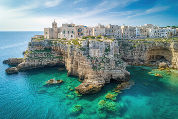 aerial view Spectacular spring cityscape of Polignano a Mare town, Puglia region, Italy, Europe