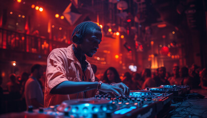 Obraz premium A DJ is deeply concentrated on mixing music at a lively club event with a vibrant crowd in the background.