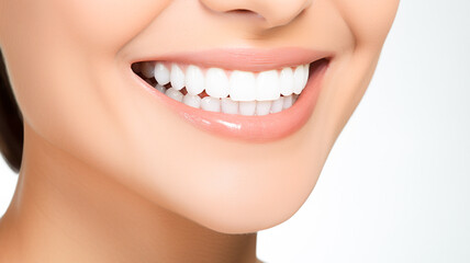 Obraz premium Perfect healthy teeth smile of a young woman. Closeup with perfect female teeth. Teeth whitening. Stomatology concept. Dental clinic patient. 
