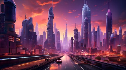 Panoramic view of modern city at sunset. Skyscrapers, high-rise buildings and highway in the fog.