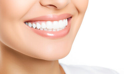 Obraz na płótnie Canvas Beautiful smile of young woman with healthy white teeth. Closeup with perfect female teeth. Teeth whitening. Stomatology concept. Dental clinic patient. 