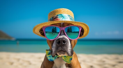 Fototapeta na wymiar A cute dog in a hat and sunglasses enjoying the sun and sand on a tropical beach. Traveling with pets concept.