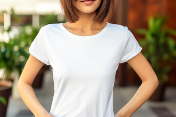 Fototapeta premium Woman wearing white blank t-shirt with space for your logo, mock up or design. Outdoor background with copy space for your text message or promotional content.