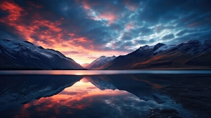 Fototapeta na wymiar Orange Sunset and Milky Way Mirrored on Mountain Lake