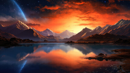 Fototapeta na wymiar Twilight Mountain Vista with Milky Way and Orange Sky Reflection