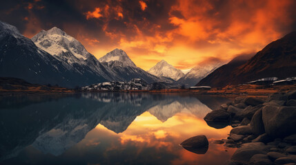 Fototapeta na wymiar Sunset Over Mountain with Orange Sky and Milky Way Reflection