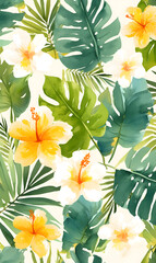 Obraz premium Watercolor painting, monstera and flowers, Generative AI