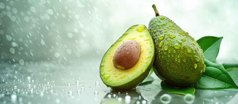 Fresh avocado fruit with water drops on a white background. Generated AI image