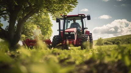 Farmer working on his farm with a tractor in the countryside