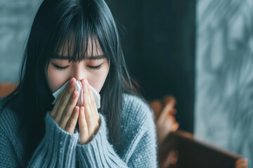 asian Female with nasal tissue and sneezing due to allergies, cold, or flu in living area  - obrazy, fototapety, plakaty
