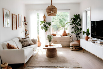 Modern boho interior of Homeliness small beloved Living place. walls is white color. natural light.