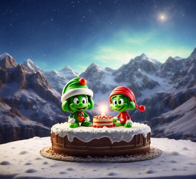 Christmas cake with Marvin the Martian in on the background of snowy mountains