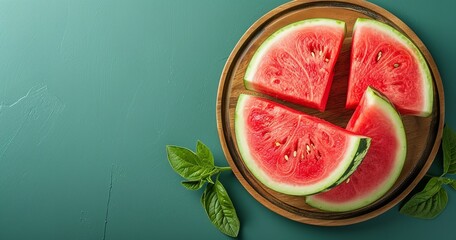 Watermelons in the upper portion on a wooden plate against a soft green backdrop, space, Generative AI. - obrazy, fototapety, plakaty