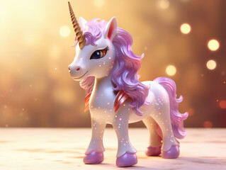 A cute cartoon unicorn figurine stands on a gift box on a pink background. Gifts for the girl on a holiday