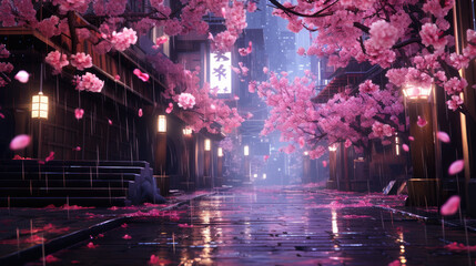 Urban Oasis: Cherry Blossoms in an Alleyway with Neon Light Reflections