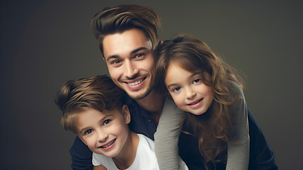 Obraz premium Young father giving young two children piggyback rides smiling in studio.