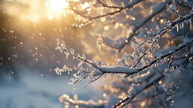 Closeup of a snowcovered tree branch the frozen droplets shimmering under the Arctic Glow and creating a fairy talelike scene.