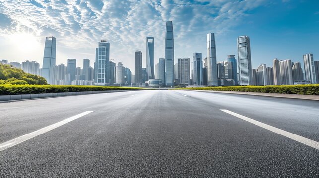 empty road floor surface with modern city landmark buildings in china  