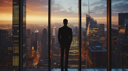 A confident CEO overlooking the city skyline from a high-rise office, inspiring and visionary. Generative AI illustration 