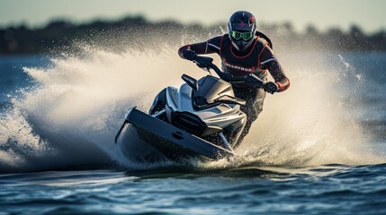 Fototapeta na wymiar A jet ski rider enjoying the thrill of a big wave in the ocean