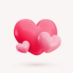 Vector 3d pink hearts concept. Cute realistic glossy heart composition on soft pink background. Minimal 3d render love heart illustration for Valentines day, Mothers Day, birthday, wedding decoration.